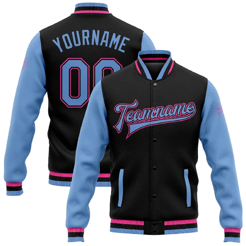 Fishing rod angle holder-Custom Black Light Blue-Pink Bomber Full-Snap Varsity Letterman Two Tone Jacket