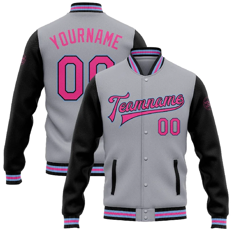 Fishing bait pressing holder-Custom Gray Pink Black-Light Blue Bomber Full-Snap Varsity Letterman Two Tone Jacket