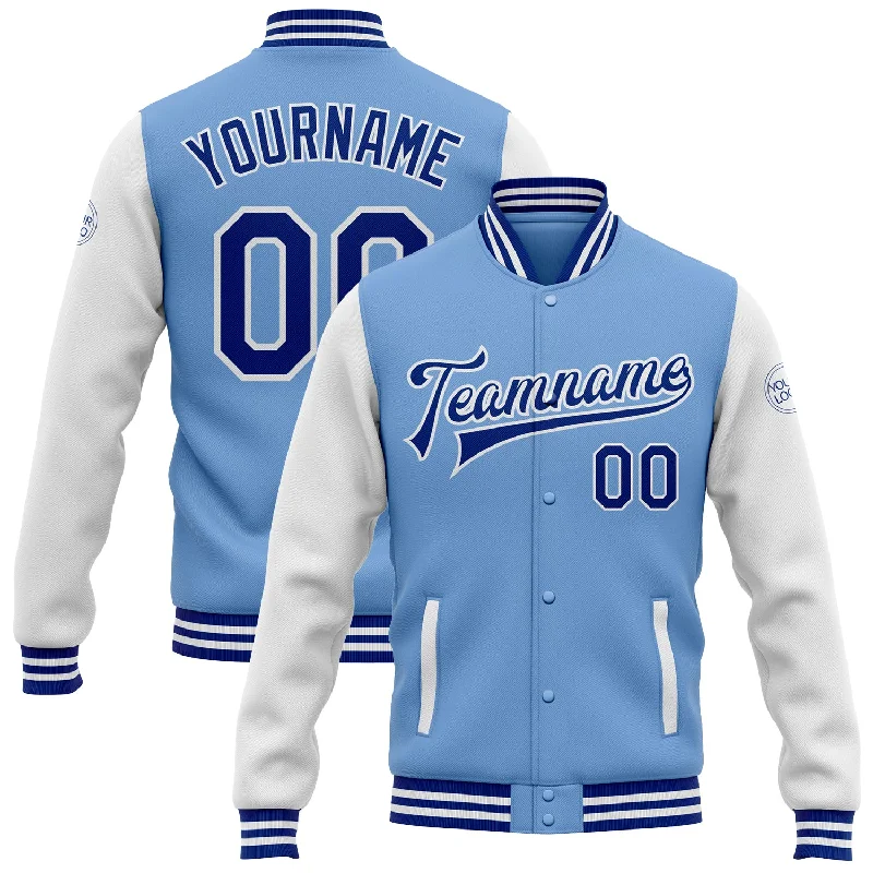 Fishing tackle modular rack-Custom Light Blue Royal-White Bomber Full-Snap Varsity Letterman Two Tone Jacket