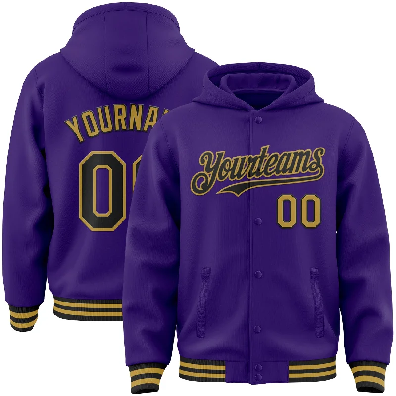 Fishing line threading clamp-Custom Purple Black-Old Gold Bomber Full-Snap Varsity Letterman Hoodie Jacket