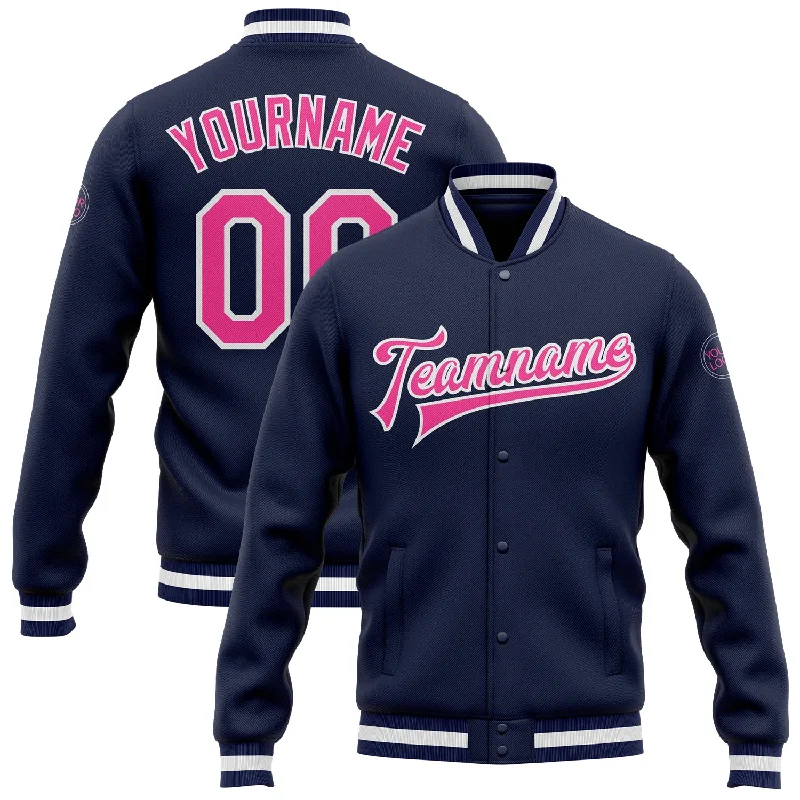 Fishing hook angle rack-Custom Navy Pink-White Bomber Full-Snap Varsity Letterman Jacket