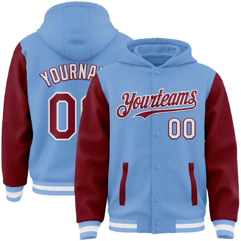 Fishing tackle waterproof rack-Custom Light Blue Crimson-White Bomber Full-Snap Varsity Letterman Two Tone Hoodie Jacket