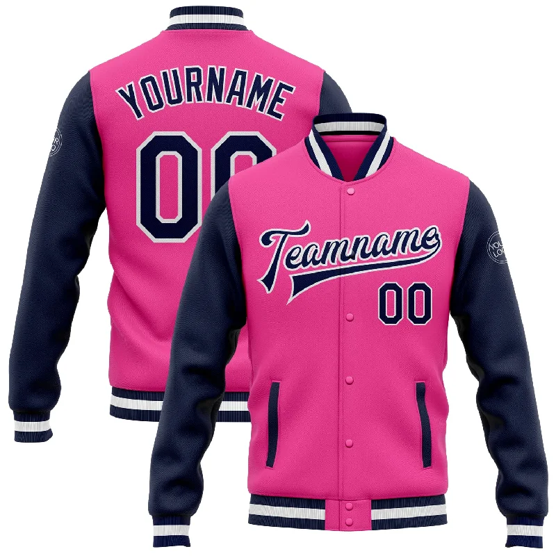 Fishing rod adjustable rack-Custom Pink Navy-White Bomber Full-Snap Varsity Letterman Two Tone Jacket