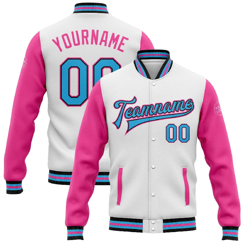 Fishing tackle waterproof holder-Custom White Sky Blue Black-Pink Bomber Full-Snap Varsity Letterman Two Tone Jacket