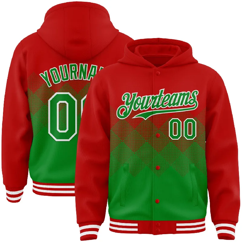 Fishing line loop rack-Custom Red Grass Green-White Gradient Square Shape 3D Pattern Design Bomber Full-Snap Varsity Letterman Hoodie Jacket