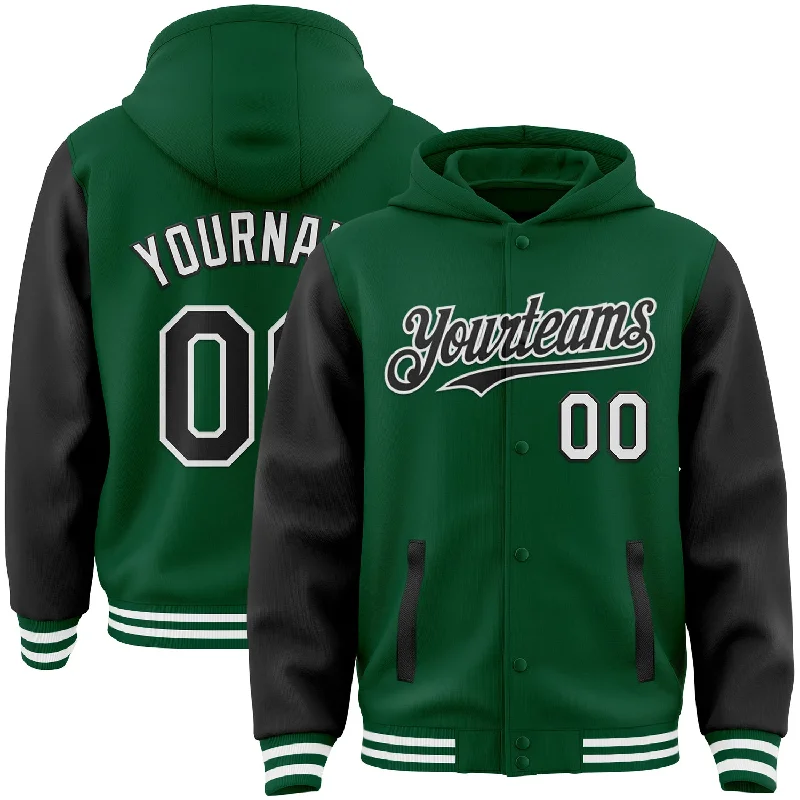 Fishing pliers with hook lock-Custom Kelly Green Black-White Bomber Full-Snap Varsity Letterman Two Tone Hoodie Jacket