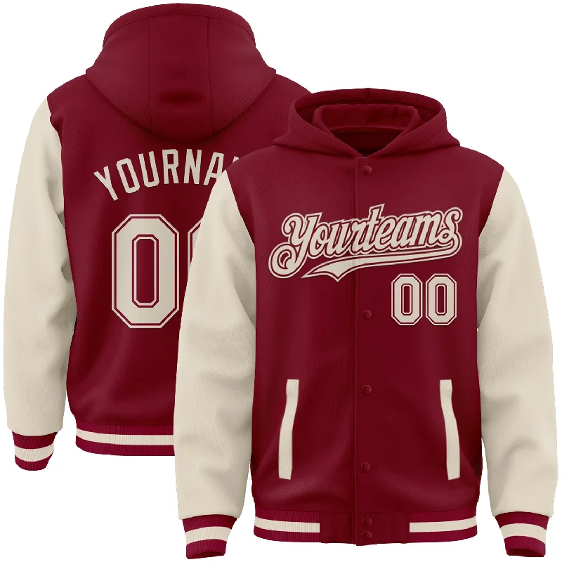 Fishing tackle compact rack-Custom Crimson Cream Bomber Full-Snap Varsity Letterman Two Tone Hoodie Jacket