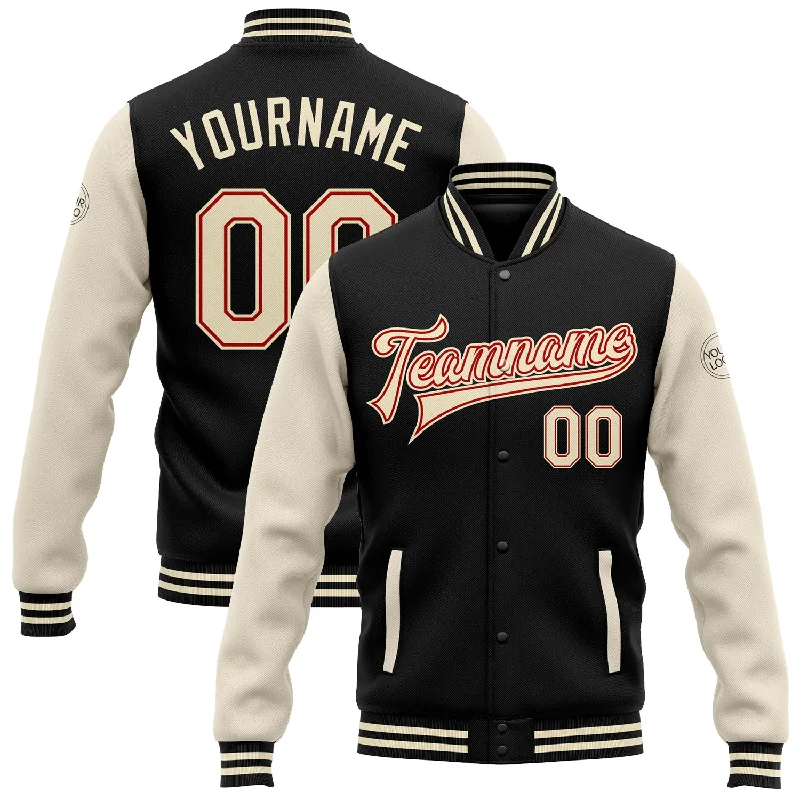 Fishing pliers with line clamp-Custom Black Cream-Red Bomber Full-Snap Varsity Letterman Two Tone Jacket