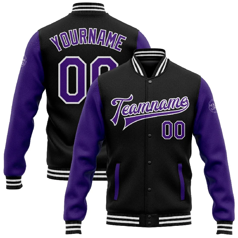 Fishing rod tilt rack-Custom Black Purple-White Bomber Full-Snap Varsity Letterman Two Tone Jacket