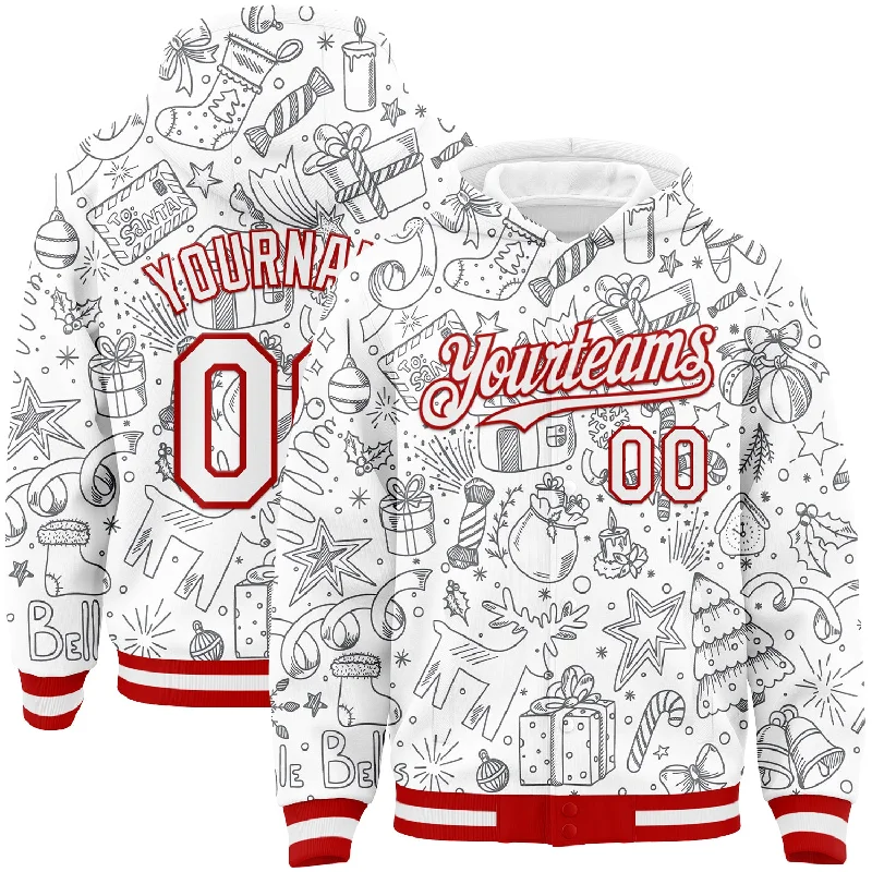 Fishing rod securing rack-Custom White Red Christmas 3D Bomber Full-Snap Varsity Letterman Hoodie Jacket