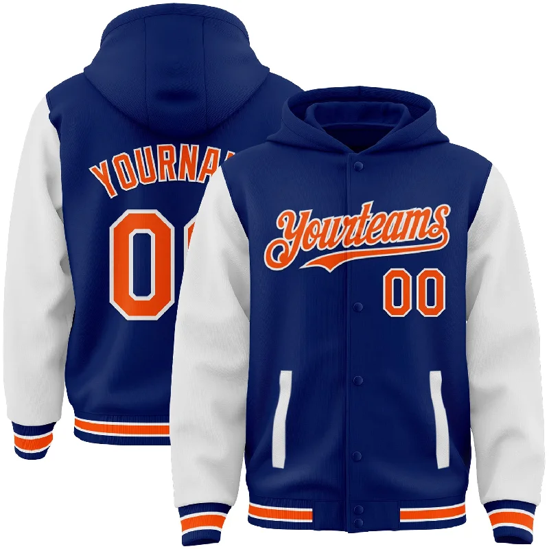 Fishing rod stabilizing rack-Custom Royal Orange-White Bomber Full-Snap Varsity Letterman Two Tone Hoodie Jacket