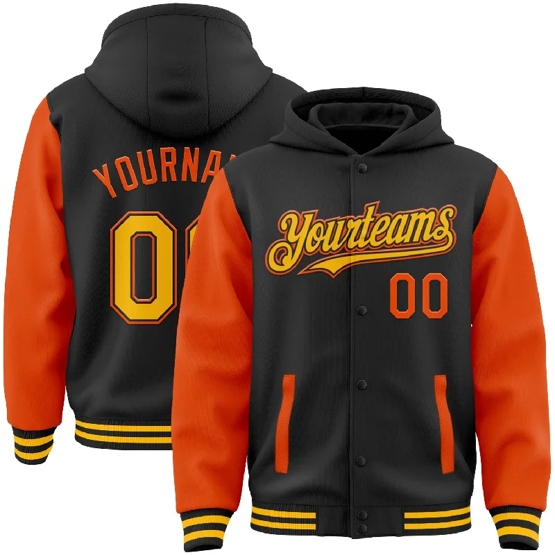 Fishing reel spool stand-Custom Black Gold-Orange Bomber Full-Snap Varsity Letterman Two Tone Hoodie Jacket