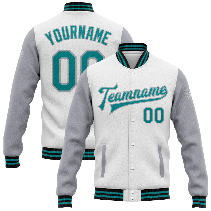 Fishing pliers with hook stand-Custom White Teal Gray-Black Bomber Full-Snap Varsity Letterman Two Tone Jacket