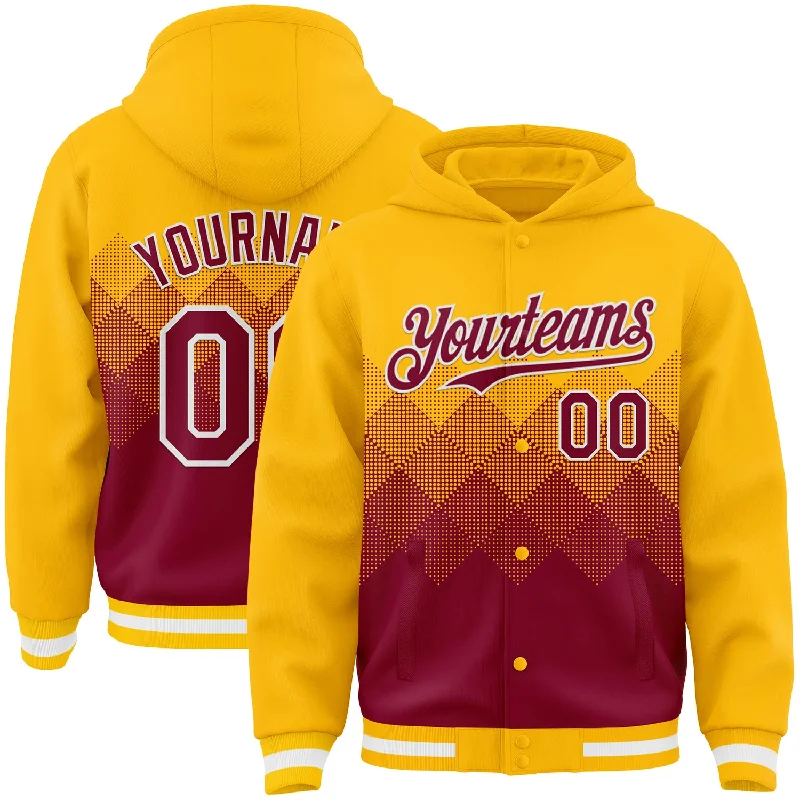 Fishing tackle foldable rack-Custom Gold Maroon-White Gradient Square Shape 3D Pattern Design Bomber Full-Snap Varsity Letterman Hoodie Jacket