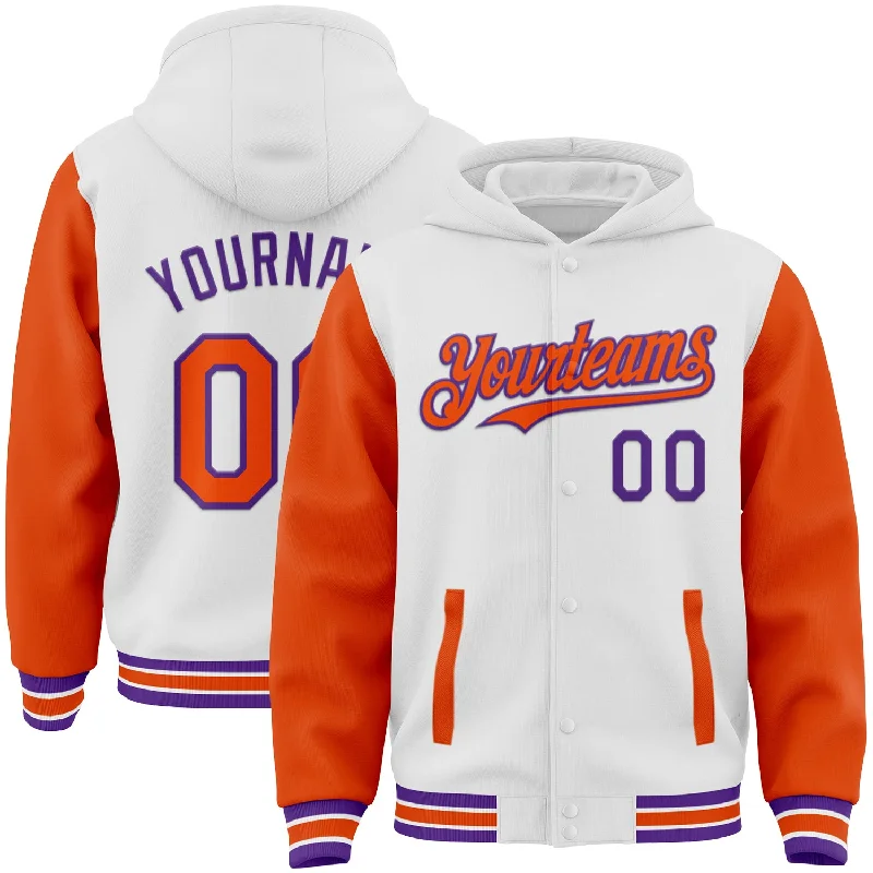 Fishing line knotting holder-Custom White Orange-Purple Bomber Full-Snap Varsity Letterman Two Tone Hoodie Jacket