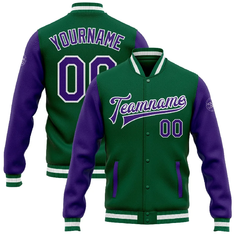 Fishing reel drag stand-Custom Kelly Green Purple-White Bomber Full-Snap Varsity Letterman Two Tone Jacket