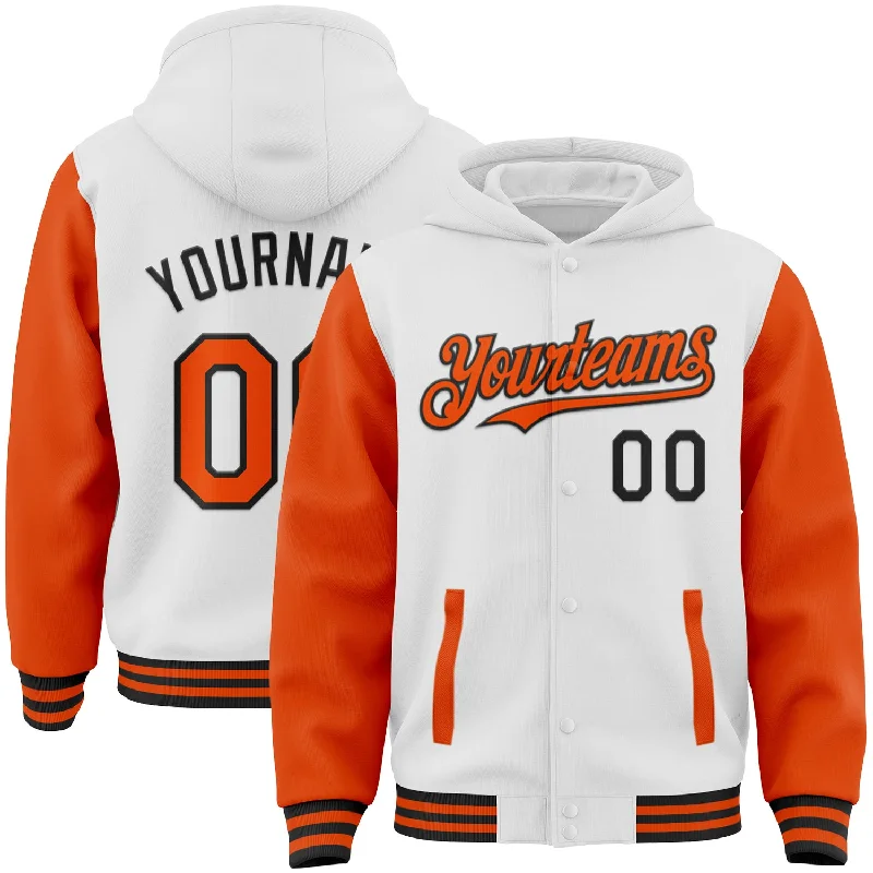 Fishing bait drying clamp-Custom White Orange-Black Bomber Full-Snap Varsity Letterman Two Tone Hoodie Jacket