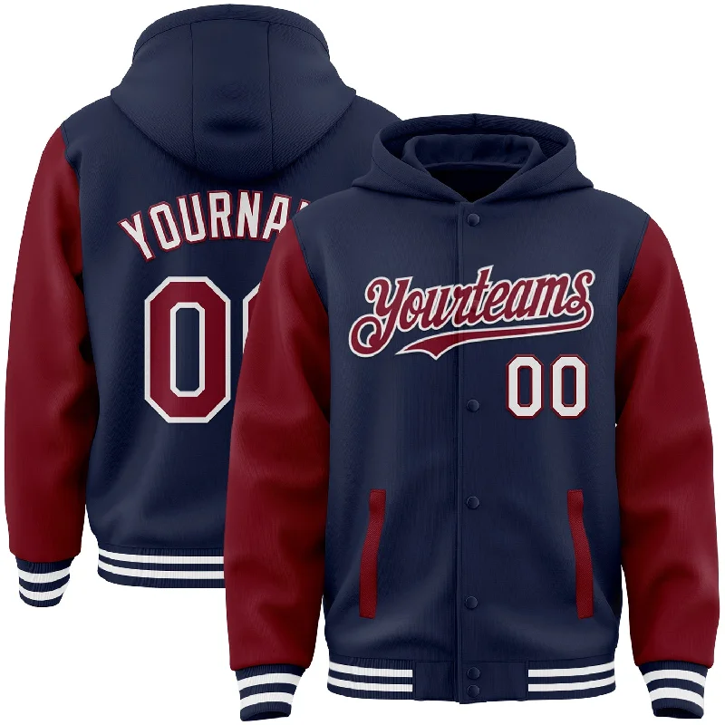 Fishing reel drag stand-Custom Navy Crimson-White Bomber Full-Snap Varsity Letterman Two Tone Hoodie Jacket