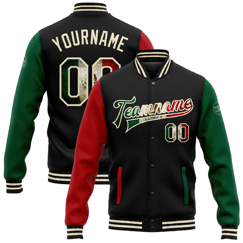 Fishing tackle compact rack-Custom Black Vintage Mexican Flag Cream Kelly Green-Red Bomber Full-Snap Varsity Letterman Two Tone Jacket