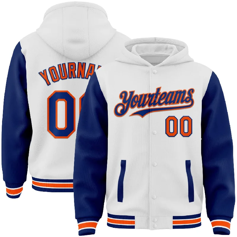 Fishing reel tension holder-Custom White Royal-Orange Bomber Full-Snap Varsity Letterman Two Tone Hoodie Jacket