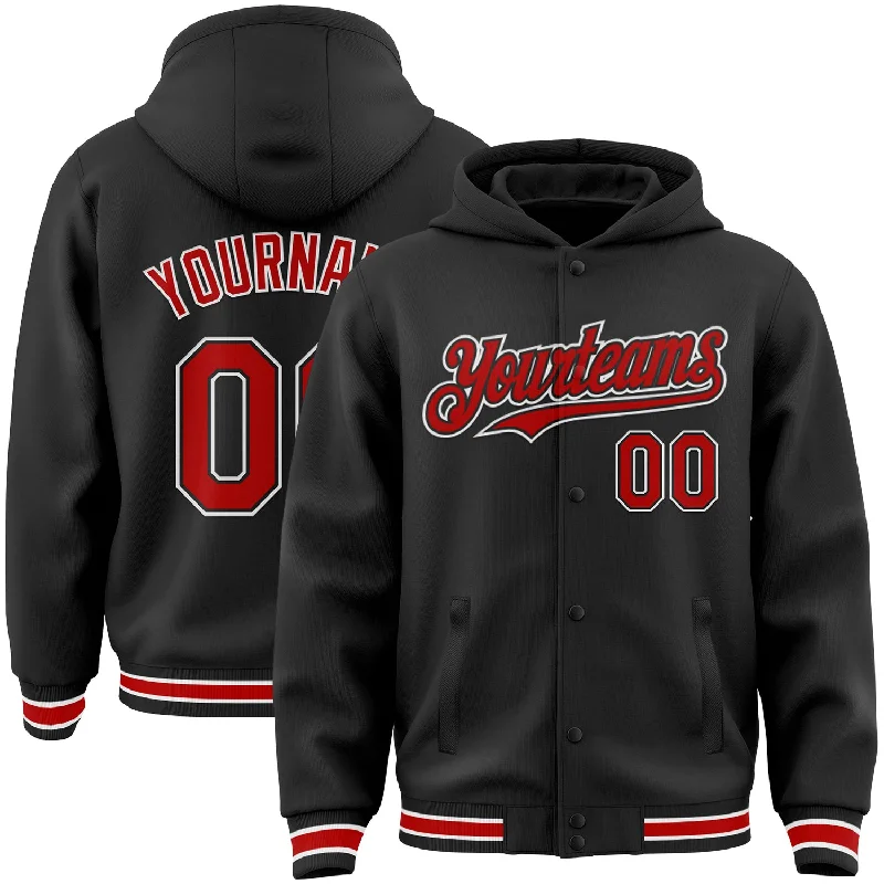 Fishing hook angle holder-Custom Black Red-White Bomber Full-Snap Varsity Letterman Hoodie Jacket