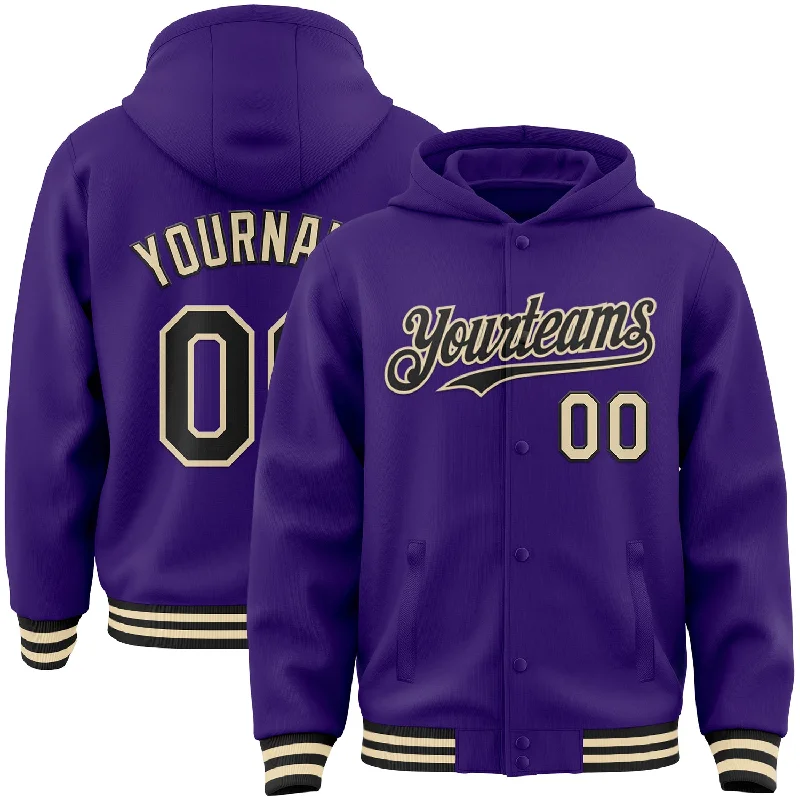 Fishing reel spool adjuster-Custom Purple Black-Cream Bomber Full-Snap Varsity Letterman Hoodie Jacket