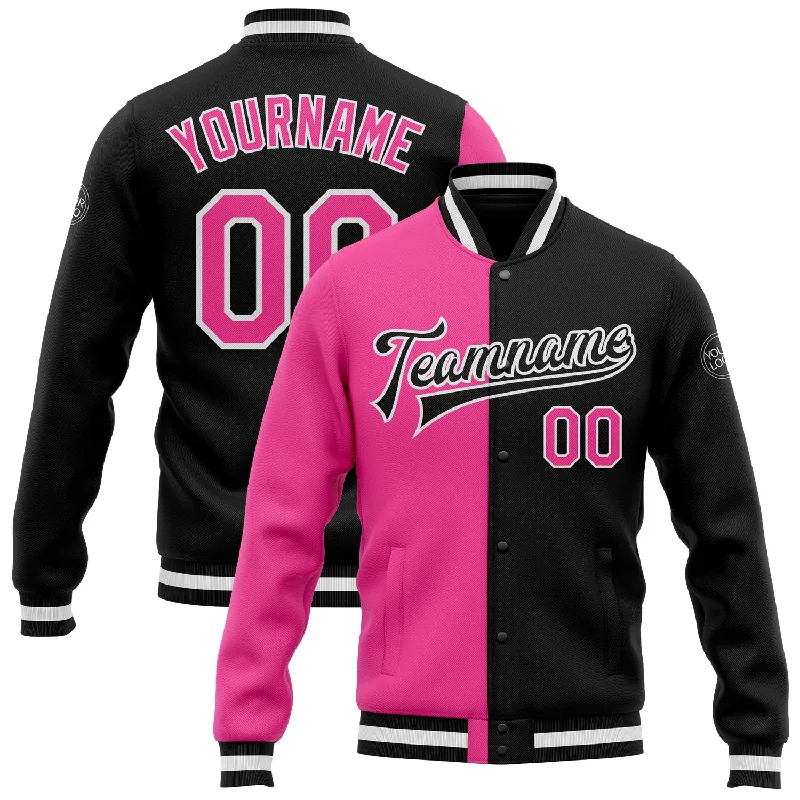 Fishing hook angle holder-Custom Black Pink-White Bomber Full-Snap Varsity Letterman Split Fashion Jacket