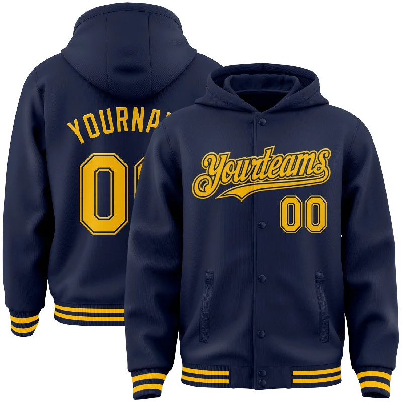 Fishing reel tension stand-Custom Navy Gold Bomber Full-Snap Varsity Letterman Hoodie Jacket