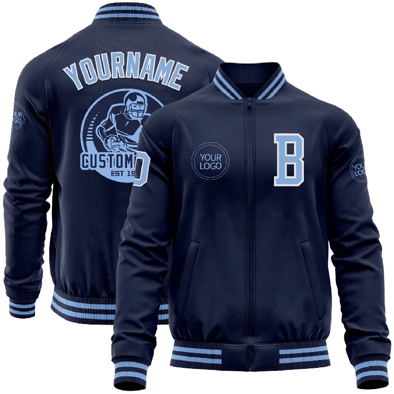 Fishing rod securing rack-Custom Navy Light Blue-White Bomber Varsity Letterman Zipper Jacket