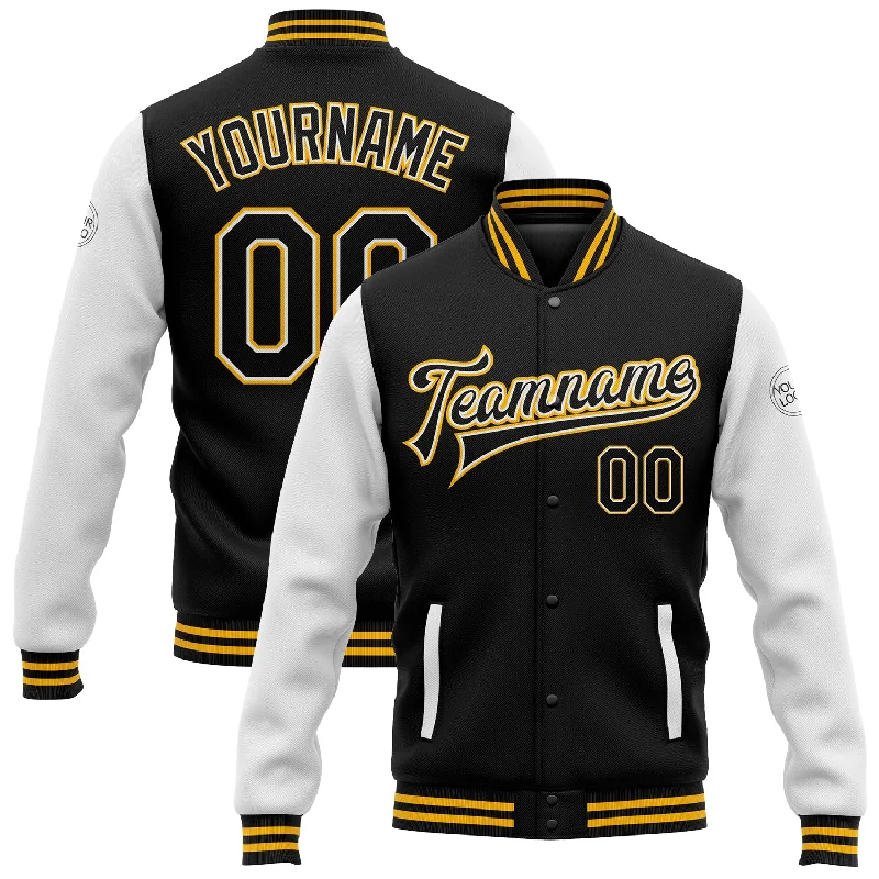 Fishing rod angle rack-Custom Black White-Gold Bomber Full-Snap Varsity Letterman Two Tone Jacket