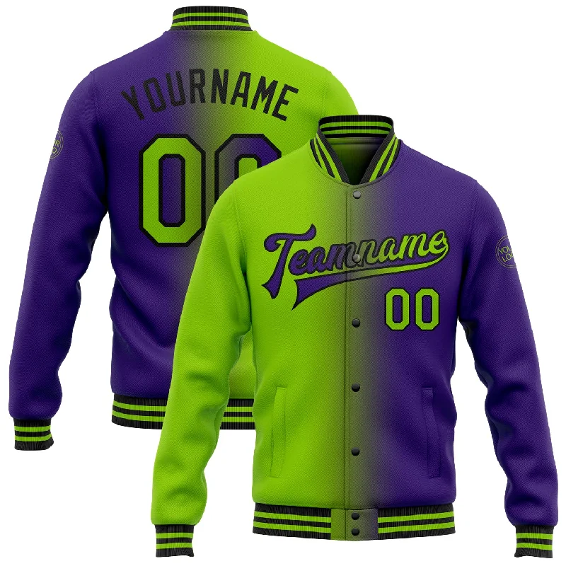 Fishing tackle stacking stand-Custom Purple Neon Green-Black Bomber Full-Snap Varsity Letterman Gradient Fashion Jacket