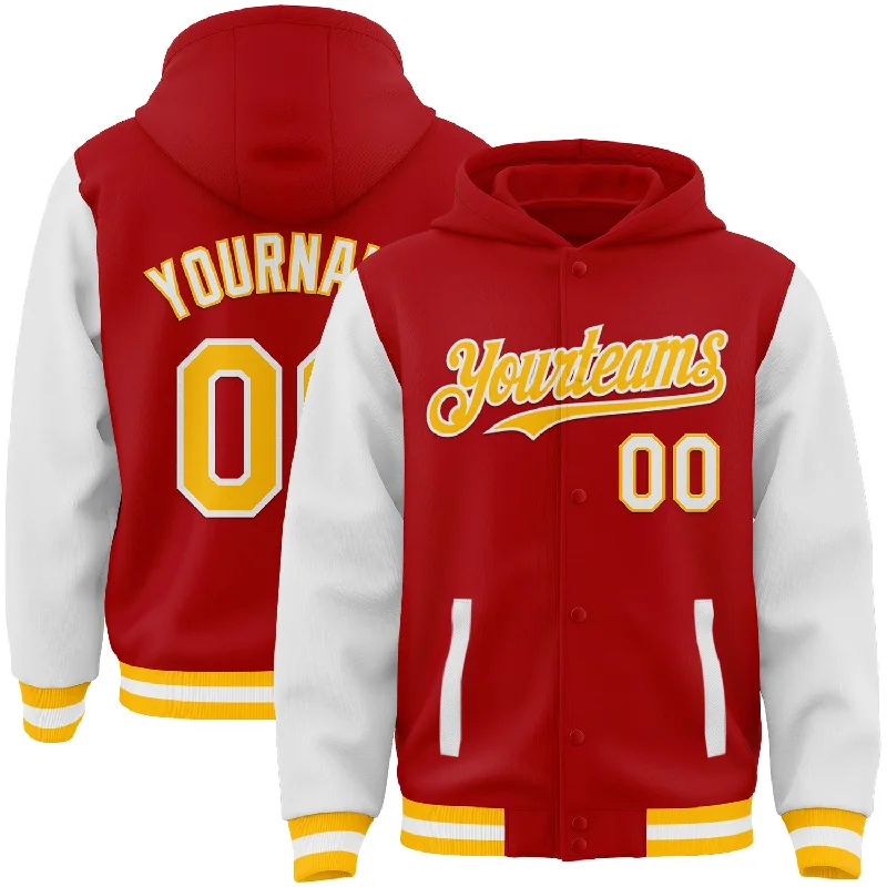 Fishing hook angle tester-Custom Red Gold-White Bomber Full-Snap Varsity Letterman Two Tone Hoodie Jacket