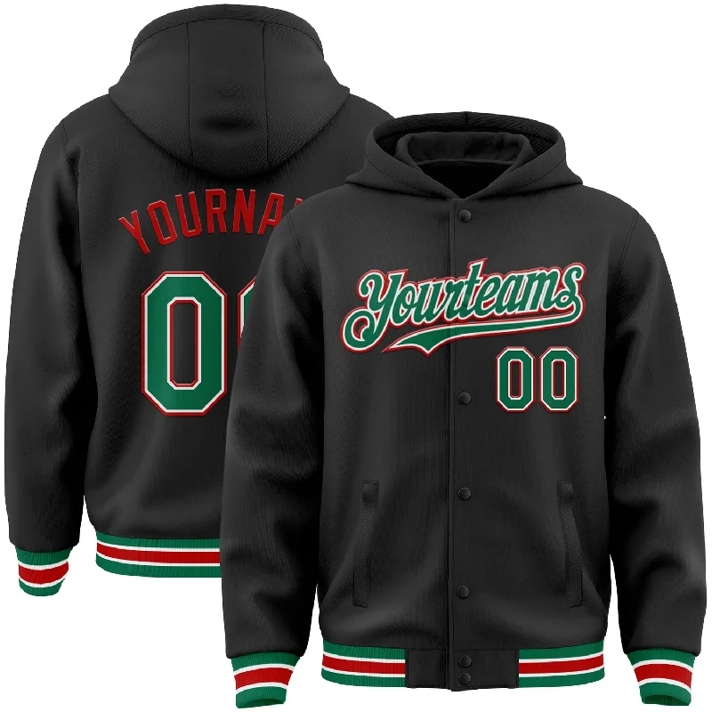 Fishing reel tension holder-Custom Black Kelly Green-Red Bomber Full-Snap Varsity Letterman Hoodie Jacket