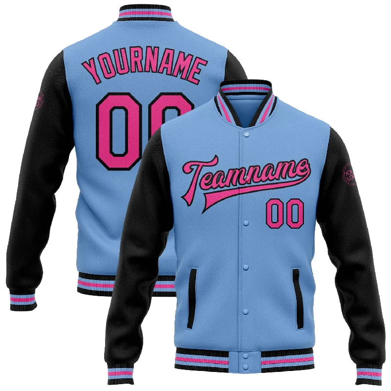 Fishing pliers with magnet-Custom Light Blue Pink-Black Bomber Full-Snap Varsity Letterman Two Tone Jacket