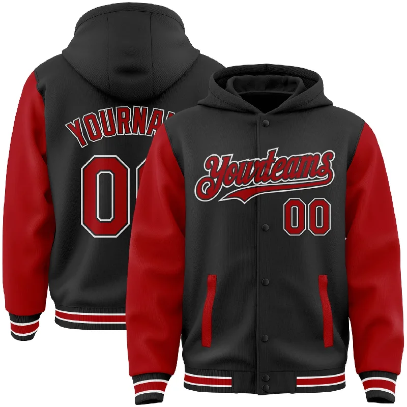 Fishing rod securing clamp-Custom Black Red-White Bomber Full-Snap Varsity Letterman Two Tone Hoodie Jacket