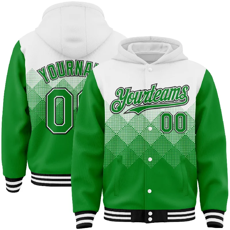 Fishing hook bending rack-Custom White Grass Green-Black Gradient Square Shape 3D Pattern Design Bomber Full-Snap Varsity Letterman Hoodie Jacket