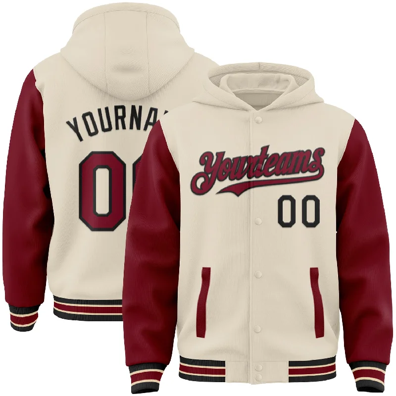 Fishing pliers with jaw stand-Custom Cream Crimson Black-City Cream Bomber Full-Snap Varsity Letterman Two Tone Hoodie Jacket