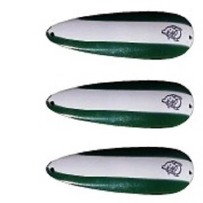 Fishing hook threading clamp-Three Eppinger Huskie Junior Green/White Stripe Fishing Spoons 2 oz 4 1/2" 7-11