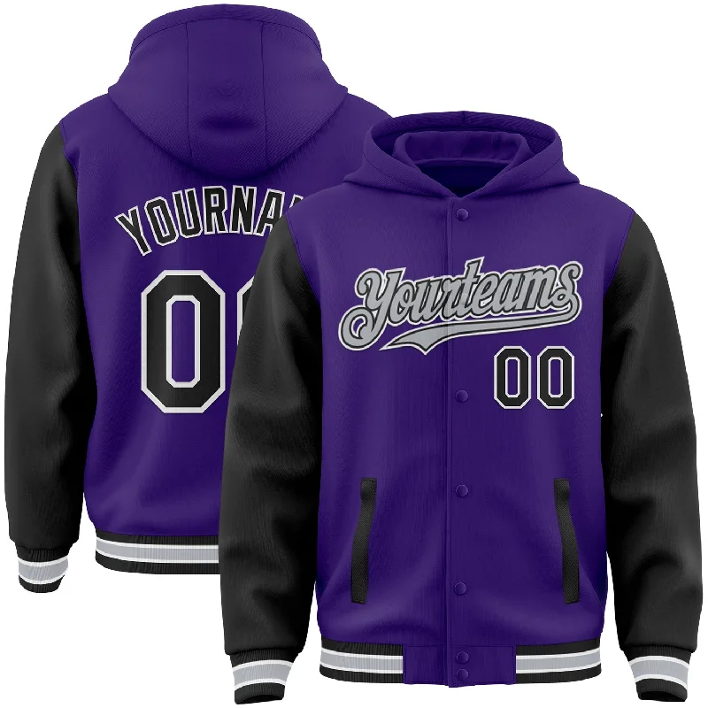 Fishing hook bending holder-Custom Purple Black-Gray Bomber Full-Snap Varsity Letterman Two Tone Hoodie Jacket