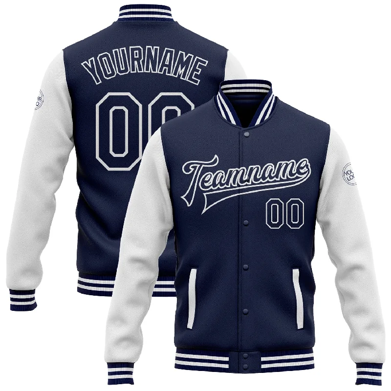 Fishing bait sealing rack-Custom Navy White Bomber Full-Snap Varsity Letterman Two Tone Jacket