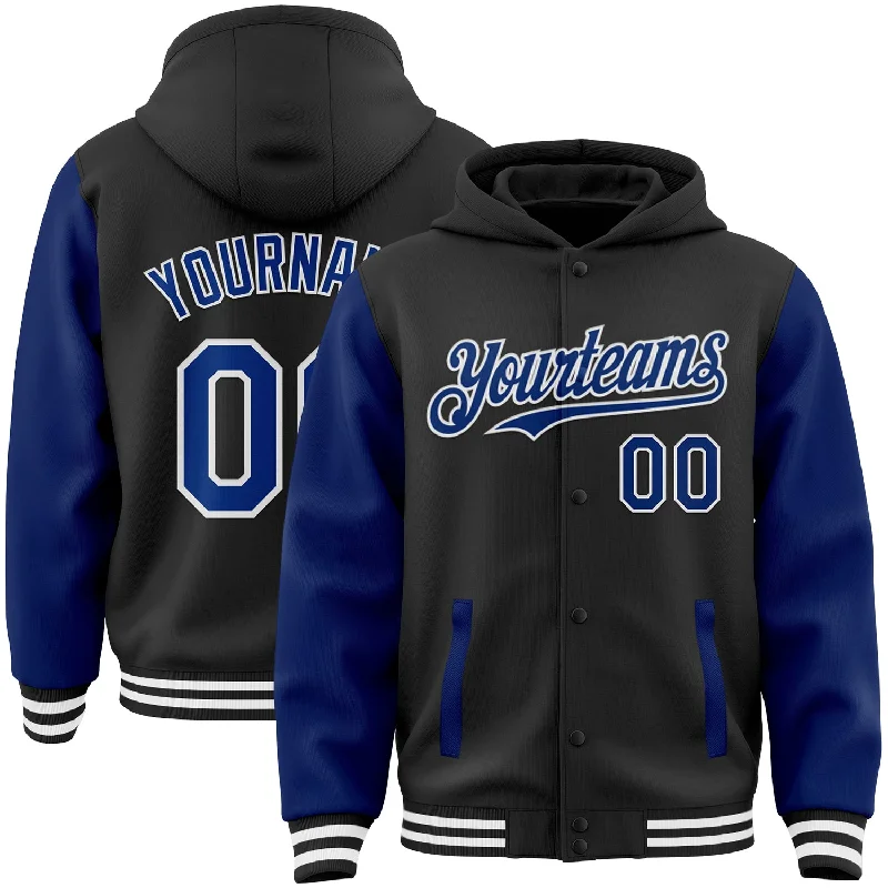 Fishing rod stabilizing clamp-Custom Black Royal-White Bomber Full-Snap Varsity Letterman Two Tone Hoodie Jacket