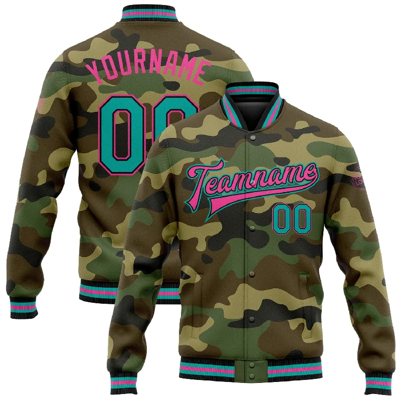 Fishing pliers with grip clamp-Custom Camo Aqua Black-Pink Bomber Full-Snap Varsity Letterman Salute To Service Jacket