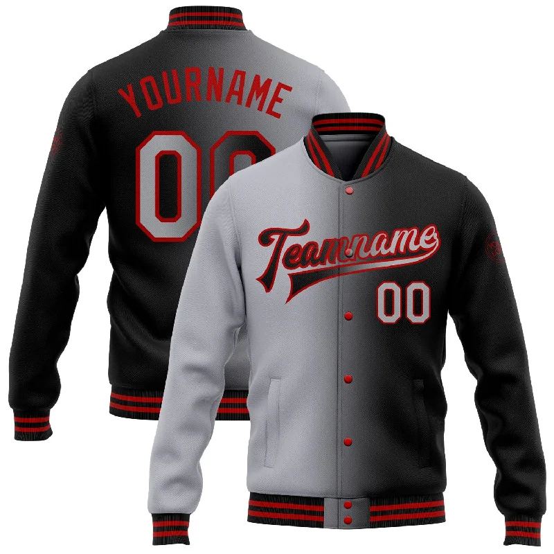 Fishing bait drying clamp-Custom Black Gray-Red Bomber Full-Snap Varsity Letterman Gradient Fashion Jacket