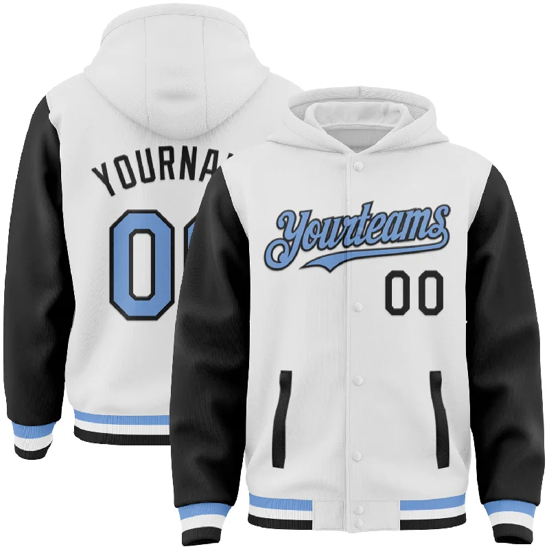 Fishing pliers with line clamp-Custom White Light Blue-Black Bomber Full-Snap Varsity Letterman Two Tone Hoodie Jacket