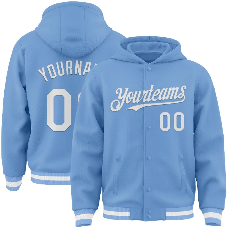 Fishing tackle adjustable rack-Custom Light Blue White Bomber Full-Snap Varsity Letterman Hoodie Jacket