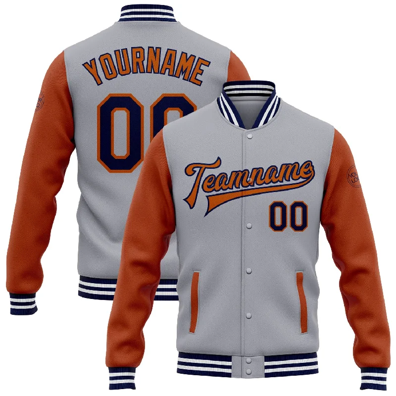 Fishing reel tension rack-Custom Gray Navy-Texas Orange Bomber Full-Snap Varsity Letterman Two Tone Jacket