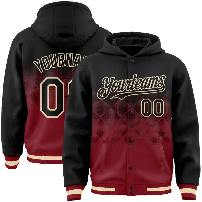 Fishing rod angle rack-Custom Black Maroon-Cream Gradient Square Shape 3D Pattern Design Bomber Full-Snap Varsity Letterman Hoodie Jacket