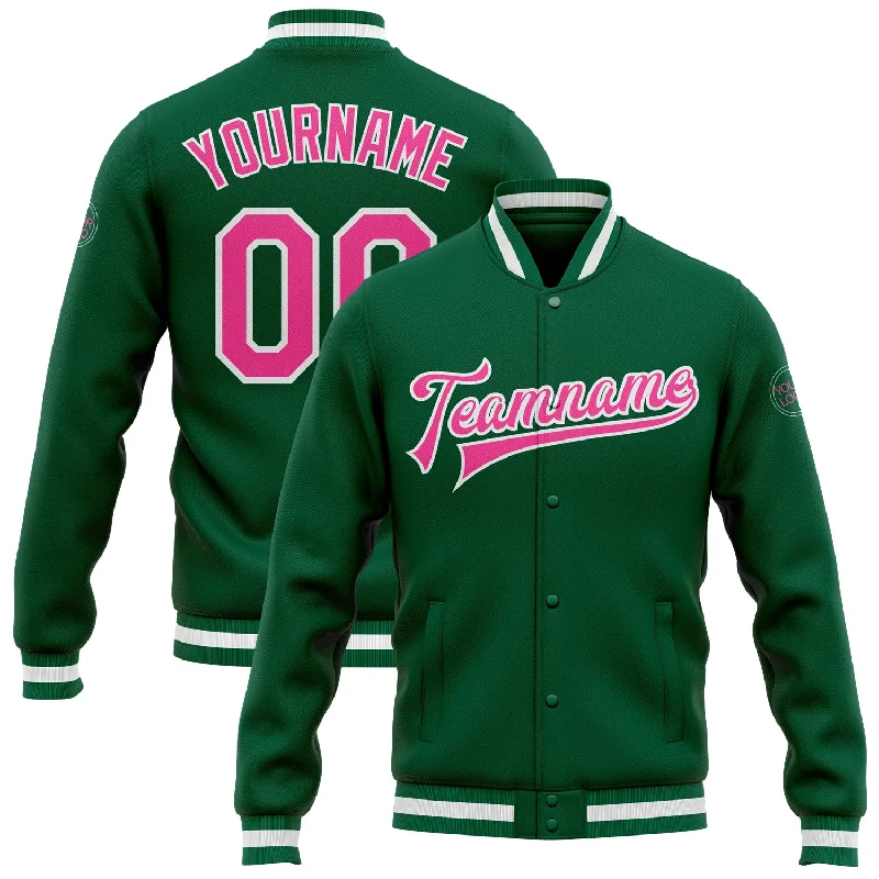 Fishing tackle stacking holder-Custom Kelly Green Pink-White Bomber Full-Snap Varsity Letterman Jacket