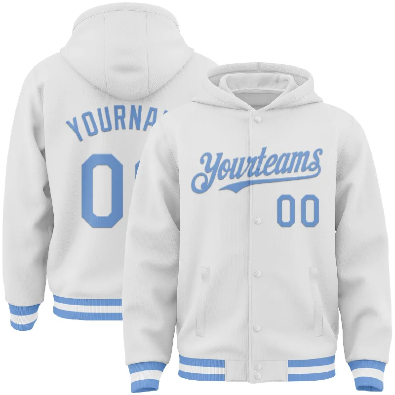 Fishing rod locking stand-Custom White Light Blue Bomber Full-Snap Varsity Letterman Hoodie Jacket