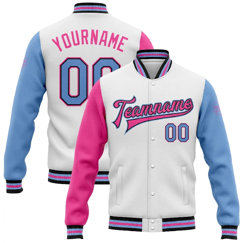 Fishing hook alignment clamp-Custom White Light Blue Black-Pink Bomber Full-Snap Varsity Letterman Two Tone Jacket